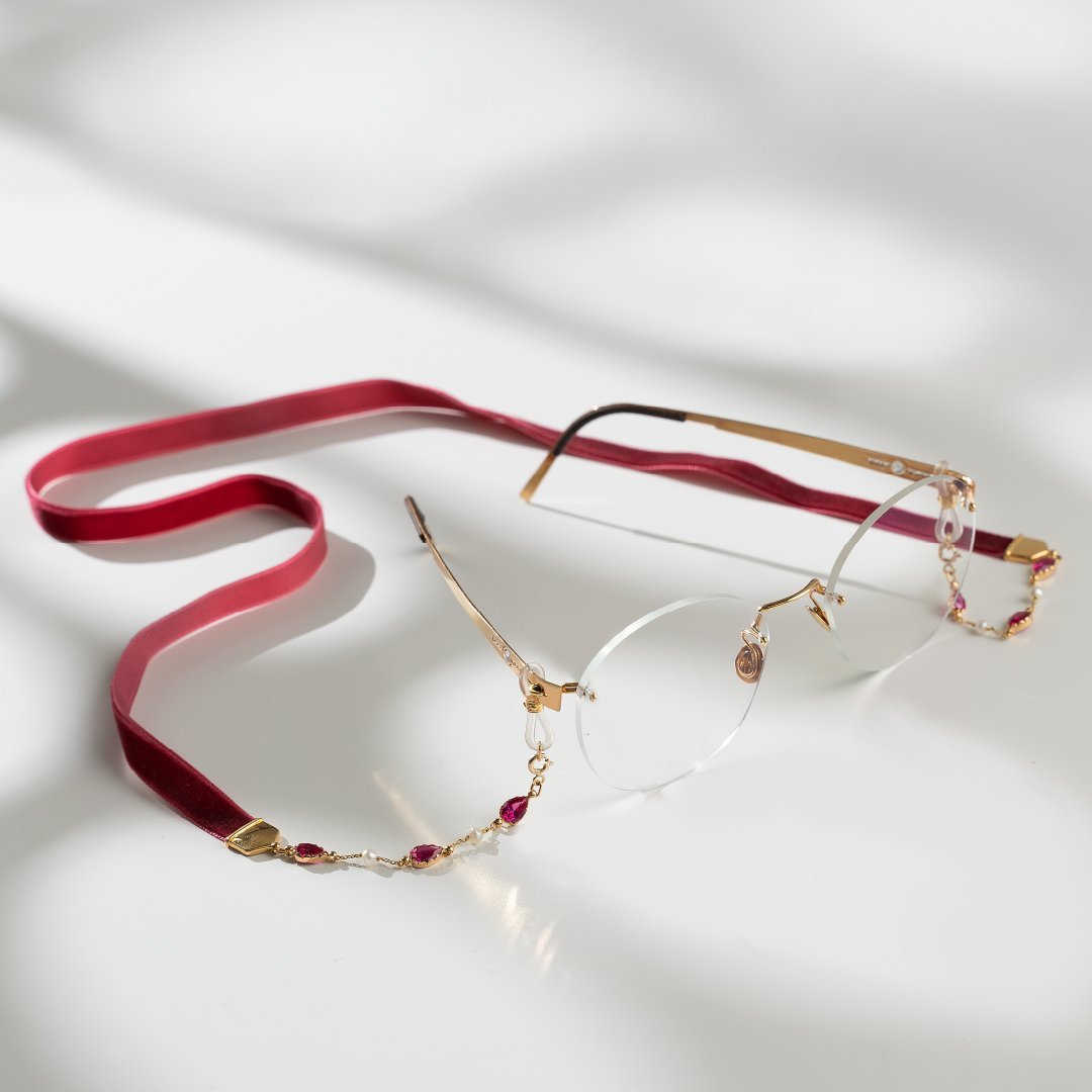 Optica Velvet eyewear strap (18K Gold with Royal Magenta stones) - Optica